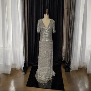 Aidan Mattox Silver Beaded Gown